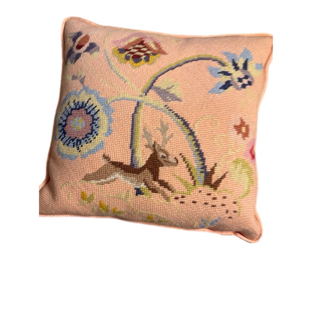 Vintage Floral Stag Peach Pillow Cross-stitch Cottagecore Heritage Decor Style - Picture 8 of 8